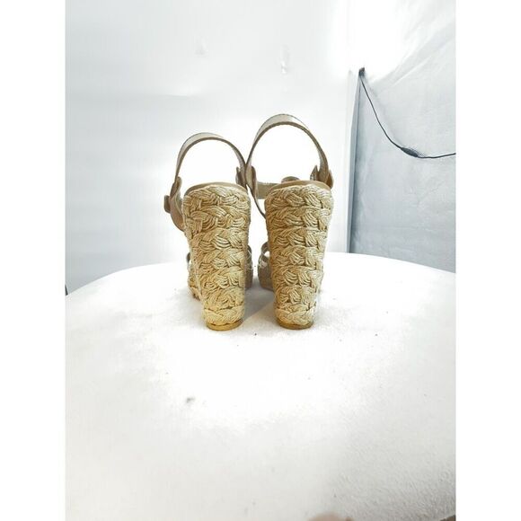 Stuart Weitzman Espadrilles Wedge Heels 5.5M Tan Gold Leather T-Strap Huarache - Picture 4 of 10